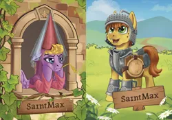 Size: 1488x1039 | Tagged: safe, artist:sa1ntmax, derpibooru import, oc, oc:airily gale, oc:wit ray, unofficial characters only, earth pony, pegasus, pony, arch, armor, armored pony, brick wall, bust, card, colt, female, foal, image, knight, leaves, male, mare, medieval, png, princess, strelkafest, trading card, window