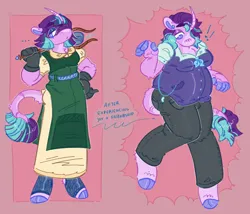 Size: 1500x1281 | Tagged: safe, artist:lichenbug, derpibooru import, starlight glimmer, anthro, classical unicorn, unguligrade anthro, unicorn, g4, clothes, cloven hooves, curved horn, dress, horn, image, jpeg, leonine tail, pants, shirt, solo, staff, staff of sameness, unshorn fetlocks, weight gain