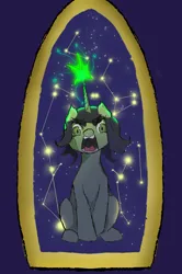 Size: 1584x2382 | Tagged: safe, artist:clericalerror, derpibooru import, oc, oc:anonmare, pony, unicorn, angry, black mane, constellation, female, green coat, green eyes, horn, image, mare, mirror, png, solo, solo female, stars