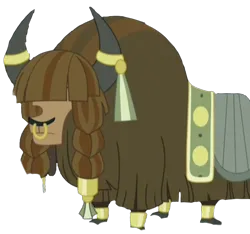 Size: 1645x1537 | Tagged: safe, derpibooru import, edit, edited screencap, screencap, yak, g4, not asking for trouble, background removed, background yak, braid, cloven hooves, cropped, female, female yak, hair over eyes, horn, horn ring, horns, image, jewelry, my little pony, nose piercing, nose ring, piercing, png, ring, simple background, snow, snow cake, solo focus, transparent background, upscaled, yukata (g4)
