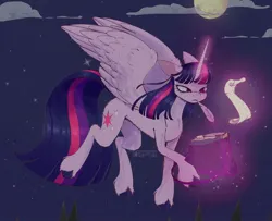 Size: 1388x1126 | Tagged: safe, artist:thealleycatc8, derpibooru import, twilight sparkle, twilight sparkle (alicorn), alicorn, pony, g4, bag, female, floppy ears, flying, full moon, glow, glowing horn, horn, image, jpeg, levitation, magic, mare, moon, night, outdoors, quill, scroll, solo, spread wings, telekinesis, unshorn fetlocks, wings