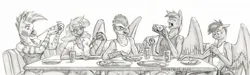 Size: 1800x538 | Tagged: safe, artist:baron engel, derpibooru import, oc, oc:derecho, oc:hail storm, unofficial characters only, anthro, gryphon, pegasus, unicorn, zebra, blouse, booth, burned, clothes, drink, drinking, female, food, glass, glasses, griffon oc, horn, image, jpeg, male, monochrome, open mouth, pants, pegasus oc, pencil drawing, pizza, shirt, simple background, slice of pizza, story included, straw, t-shirt, table, tanktop, traditional art, white background, zebra oc