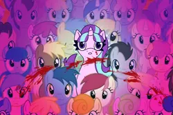 Size: 2700x1800 | Tagged: semi-grimdark, artist:jj_gravity, derpibooru import, amethyst star, berry punch, blues, bon bon, candy mane, carrot top, cherry berry, cherry fizzy, coco crusoe, derpy hooves, dizzy twister, doctor whooves, golden harvest, lily valley, lucky clover, meadow song, minuette, noteworthy, orange swirl, rainbowshine, roseluck, sassaflash, sprinkle medley, starlight glimmer, sunshower raindrops, twinkleshine, pony, g4, background pony audience, blood, blood splatter, crowd, female, image, jpeg, male, mare, s5 starlight, sparkles, stallion, tamers12345