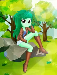 Size: 1996x2594 | Tagged: safe, artist:charliexe, derpibooru import, wallflower blush, human, equestria girls, g4, 2d, bangs, boots, breasts, cleavage, clothes, commission, crepuscular rays, female, freckles, grass, image, jacket, legs, long hair, long sleeves, looking at you, messy hair, outdoors, png, rock, shirt, shoes, sitting, skirt, sky, solo, tree