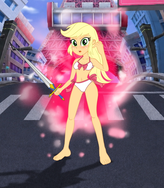 Size: 3500x4000 | Tagged: safe, artist:iloveladies2, artist:riiefu, derpibooru import, applejack, equestria girls, g4, bare arms, bare legs, bare midriff, barefoot, blushing, bra, clothes, embarrassed, embarrassed underwear exposure, feet, image, jpeg, nuga-cel, nuga-cel!, panties, underwear