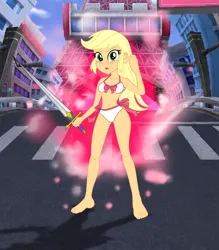 Size: 3500x4000 | Tagged: safe, artist:iloveladies2, artist:riiefu, derpibooru import, applejack, equestria girls, g4, bare arms, bare legs, bare midriff, barefoot, blushing, bra, clothes, embarrassed, embarrassed underwear exposure, feet, image, jpeg, nuga-cel, nuga-cel!, panties, underwear