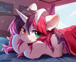 Size: 2048x1663 | Tagged: safe, artist:gale spark, derpibooru import, oc, unofficial characters only, pony, unicorn, bed, blanket, cheek fluff, cloud, curtains, ear fluff, eye clipping through hair, heterochromia, horn, image, jpeg, leg fluff, lying down, prone, solo, window