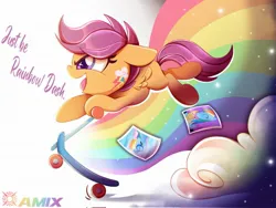 Size: 2048x1536 | Tagged: safe, artist:amix flare, derpibooru import, rainbow dash, scootaloo, pegasus, pony, g4, sleepless in ponyville, cloud, face paint, furrowed brow, goggles, image, jpeg, my little pony, my little pony: rainbow roadtrip, photo, rainbow, rainbow dash's cutie mark, scooter, sonic rainboom, sparkles, sparkly eyes, stars, wingding eyes