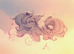 Size: 1334x979 | Tagged: safe, artist:rrusha, derpibooru import, princess luna, alicorn, pony, g4, :3, cloud, eyes closed, female, filly, filly luna, foal, image, jewelry, jpeg, monochrome, morning ponies, on a cloud, outdoors, regalia, sleepy, smiling, solo, woona, younger