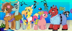 Size: 4096x1777 | Tagged: safe, artist:ripteeth, ponerpics import, ponified, breezie, earth pony, hippogriff, pony, unicorn, blue background, blue eyes, bored, bowtie, brown coat, brown eyes, brown mane, chest fluff, clarinet, closed mouth, clothes, crossover, cutie mark, dollar, eyepatch, flower, flower in hair, gradient background, happy, hat, holes in legs, image, jpeg, krusty krab hat, looking at you, looking down, mr. krabs, music notes, musical instrument, open mouth, pants, pink coat, pink mane, plankton, red coat, rock, sand, sandy cheeks, seaweed, shirt, short, simple background, skirt, socks, spongebob squarepants, squidward tentacles, streaked mane, texas, underwater, wings, yellow coat