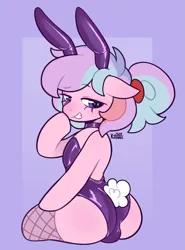 Size: 1477x2000 | Tagged: suggestive, artist:kitsune_ygna, derpibooru import, oc, oc:luanbang, unofficial characters only, earth pony, pony, animal costume, bunny costume, bunny ears, bunny suit, bunny tail, butt, butt blush, clothes, costume, femboy, image, latex, latex suit, looking at you, male, png, smiling, smiling at you, solo, tail