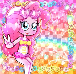 Size: 1243x1212 | Tagged: safe, artist:sherbertstarkitty05, derpibooru import, pinkie pie, human, equestria girls, g4, blue eyes, clothes, colorful, curly hair, female, glasses, heart shaped glasses, humanized, image, peace sign, pink hair, pink skin, png, rainbow flowers, solo, solo female, sunglasses, swimsuit, tropical