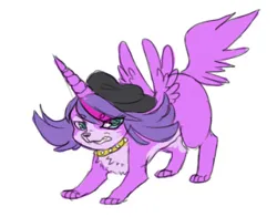 Size: 416x326 | Tagged: dead source, safe, artist:dalmashion, derpibooru import, alicorn, cocker spaniel, dog, alicornified, chest fluff, collar, eye clipping through hair, eyebrows, eyebrows visible through hair, female, fusion, gritted teeth, hat, image, jpeg, littlest pet shop, no pony, parody, purple fur, purple hair, race swap, simple background, solo, solo female, spiked collar, teeth, twilight barkle, white background, zoe trent
