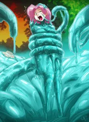 Size: 2824x3840 | Tagged: safe, artist:king-kakapo, artist:shonuff44, derpibooru import, fluttershy, goo, human, slime monster, g4, bondage, clothes, clothing damage, coiling, collaboration, dress, encasement, female, gooey, hat, human coloration, humanized, image, messy, open mouth, peril, png, solo, solo female, struggling, tentacles, wardrobe malfunction