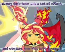 Size: 1280x1024 | Tagged: safe, artist:wild180, derpibooru import, sunset shimmer, anthro, demon, human, art pack:friendshipgames2025, equestria girls, g4, angel, annoyed, antagonist, black sclera, blushing, book, boots, claws, clothes, cyan eyes, daydream shimmer, demon wings, dress, fangs, female, gloves, glow, glowing horn, hand, heart, holding face, horn, image, jacket, journal, kissy face, lesbian, meme, my little pony, png, quote, reading, red fur, red hair, self paradox, self ponidox, selfcest, ship:deedream, shipping, shoes, smiling, smirk, sunset satan, tail, text, twilight sparkle (implied), wings, yellow hair, yellow skin
