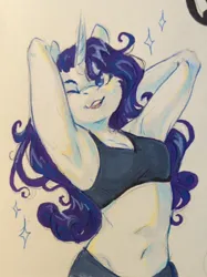 Size: 956x1280 | Tagged: safe, artist:owlclare, derpibooru import, rarity, anthro, unicorn, g4, arm behind head, belly, belly button, breasts, clothes, female, horn, image, jpeg, one eye closed, open mouth, open smile, smiling, solo, solo female, tanktop