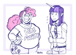 Size: 1936x1401 | Tagged: safe, artist:beyhr, derpibooru import, pinkie pie, twilight sparkle, human, g4, chubby, elf ears, female, horn, horned humanization, humanized, image, lesbian, png, shipping, twinkie
