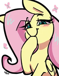 Size: 1166x1488 | Tagged: safe, artist:xlam, derpibooru import, fluttershy, butterfly, insect, pegasus, g4, breasts, delicious flat chest, flattershy, image, looking at you, png, shy, simple background, smiling, solo