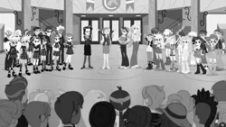 Size: 1280x720 | Tagged: safe, edit, screencap, alizarin bubblegum, applejack, aqua blossom, bon bon, captain planet, carlos thunderbolt, celery stalk, cherry crash, crimson napalm, derpy hooves, flash sentry, fluttershy, frosty orange, garden grove, heath burns, indigo zap, jet set, lemon zest, lyra heartstrings, microchips, neon lights, peter bread, pinkie pie, pokey pierce, princess cadance, princess celestia, princess luna, principal abacus cinch, rainbow dash, rarity, rising star, sandalwood, sci-twi, scott green, scribble dee, skyline shores, sour sweet, sugarcoat, sunny flare, sunset shimmer, suri polomare, sweet leaf, taffy shade, trenderhoof, twilight sparkle, upper crust, vice principal luna, equestria girls, friendship games, alizary, background human, black and white, canterlot high, clothes, crystal prep academy, crystal prep academy uniform, crystal prep shadowbolts, dean cadance, female, grayscale, humane five, humane six, image, jpeg, male, monochrome, peter bread owlseye, principal celestia, school uniform, shadow five, shipping, straight, wondercolts