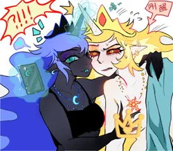 Size: 2560x2229 | Tagged: suggestive, artist:moonightoka, derpibooru import, daybreaker, nightmare moon, human, g4, blushing, breasts, censored, censored breasts, chinese, duo, duo female, ear piercing, earring, elf ears, exclamation point, female, forked tongue, heart, horn, horned humanization, horns are touching, humanized, image, incest, interrobang, jewelry, lesbian, magic, moon runes, nudity, phone, piercing, png, pony coloring, question mark, regalia, ship:evil princest, shipping, siblings, simple background, sisters, telekinesis, tongue out, translation request, white background