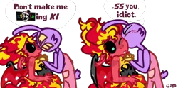 Size: 600x297 | Tagged: safe, artist:wild180, derpibooru import, sunset shimmer, anthro, demon, rabbit, equestria girls, g4, angry, animal, black sclera, blushing, bunny tail, censored, censored vulgarity, claws, clothes, colored wings, crossover, cyan eyes, demon wings, dress, fangs, fear, fluffy, flustered, gloves, image, jax (tadc), joke, kiss on the cheek, kissing, meme, overalls, png, purple coat, quote, red hair, ship:jaxset, shipping, shocked, sunset satan, tail, text, the amazing digital circus, two toned mane, two toned wings, wings, yellow eyes, yellow mane