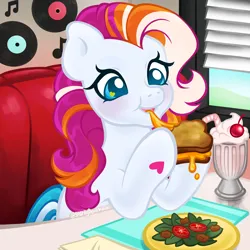 Size: 2400x2400 | Tagged: safe, artist:sparkytopia, derpibooru import, port-o-bella, earth pony, pony, g3, 2026, blue eyes, cheese, commission, day, diner, drink, eating, female, food, grilled cheese, heart, heart mark, hoof hold, image, indoors, looking at something, mare, milkshake, multicolored hair, multicolored mane, multicolored tail, napkin, placemat, plate, png, salad, sandwich, signature, sitting, solo, tail, white coat, wingding eyes, ych example, your character here