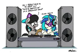 Size: 2364x1608 | Tagged: safe, artist:bobthedalek, derpibooru import, octavia melody, vinyl scratch, earth pony, pony, unicorn, g4, baseball cap, cap, clipboard, hat, headphones, headphones around neck, horn, image, newbie artist training grounds, png, speaker, subwoofer, sunglasses, turntable, vinyl's glasses, vinyl's headphones