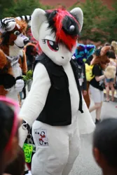 Size: 3648x5472 | Tagged: safe, artist:atalonthedeer, derpibooru import, oc, oc:blackjack, unofficial characters only, anthro, human, pony, unicorn, wolf, fallout equestria, fallout equestria: project horizons, g4, 2015, anthrocon, anthrocon 2015, fanfic art, fursuit, horn, image, irl, irl human, jpeg, photo, ponysuit, security armor, solo