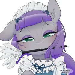 Size: 8192x8192 | Tagged: safe, artist:audreen, derpibooru import, maud pie, earth pony, pony, g4, blushing, clothes, duster, heart, heart eyes, image, lidded eyes, looking at you, maid, mouth hold, one ear down, png, simple background, solo, white background, wingding eyes