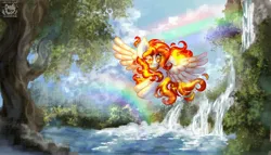 Size: 2700x1546 | Tagged: safe, artist:rayvenkoz, derpibooru import, oc, oc:burning skies, pegasus, pony, cloud, day, detailed background, female, fiery mane, fire, flying, image, jpeg, mane of fire, nature, outdoors, rainbow, scenery, solo, tree, water, waterfall, watermark