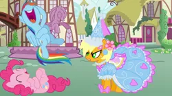 Size: 1146x644 | Tagged: safe, artist:mlpfan3991, derpibooru import, applejack, pinkie pie, rainbow dash, earth pony, pegasus, pony, g4, applejack is not amused, clothes, dress, fountain, froufrou glittery lacy outfit, hime lolita, image, jpeg, laughing, lolita fashion, ponyville, ponyville fountain statue, princess applejack, princess costume, puffy sleeves, statue, unamused