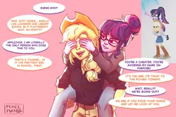 Size: 1428x951 | Tagged: safe, artist:pixelpub, derpibooru import, applejack, sci-twi, twilight sparkle, human, equestria girls, g4, covering eyes, dialogue, duo, duo female, female, image, lesbian, open mouth, open smile, piggyback ride, pink background, png, screencap reference, ship:sci-twijack, ship:twijack, shipping, simple background, smiling, speech bubble