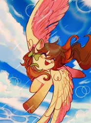 Size: 1524x2048 | Tagged: artist needed, safe, derpibooru import, oc, oc:pondlily grace, unofficial characters only, pegasus, pony, ^^, brown hair, brown mane, eyes closed, flying, freckles, hair ribbon, happy, heart freckles, image, jpeg, long hair, long mane, ribbon, sky, solo, yellow coat