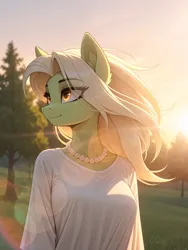 Size: 3528x4704 | Tagged: safe, ai content, ai generated, derpibooru import, generator:yiffymix v64, prompter:thedaren666, stable diffusion, granny smith, anthro, earth pony, g4, ai composition, beads, blurry background, breasts, clothes, cloud, ear fluff, eyebrows, female, flowing hair, flowing mane, fluffy, forest, image, jewelry, jpeg, lens flare, looking forward, nature, necklace, outdoors, shirt, signature, sky, smiling, solo, standing, sun, sunset, tree, turned head, young granny smith, younger