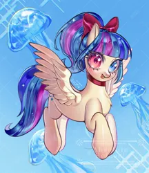 Size: 1766x2048 | Tagged: safe, artist:kurimaru, derpibooru import, oc, unofficial characters only, jellyfish, pegasus, pony, g4, :p, blue mane, bow, choker, female, flying, heterochromia, image, jpeg, looking at you, mare, ponytail, spread wings, tongue out, wings, yellow coat