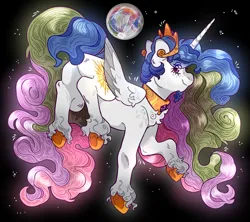 Size: 2048x1816 | Tagged: safe, artist:cocopudu, derpibooru import, princess celestia, alicorn, pony, g4, butt, chest fluff, eye clipping through hair, eyebrows, eyebrows visible through hair, female, frog (hoof), full moon, glowing mane, image, jpeg, looking at you, mare, moon, plot, smiling, smiling at you, solo, space background, standing, standing on one leg, sunbutt, underhoof, unicorn beard