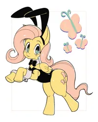 Size: 1024x1280 | Tagged: safe, artist:nerobero0, derpibooru import, fluttershy, pegasus, pony, g4, bipedal, bowtie, bunny ears, bunny suit, clothes, cuffs (clothes), cute, female, image, leotard, looking at you, mare, png, shirtless shirt collar, shyabetes, smiling, smiling at you, solo, standing, standing on one leg