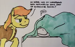 Size: 2048x1292 | Tagged: safe, artist:hoofclid, derpibooru import, braeburn, oc, oc:hoofclid, earth pony, pony, unicorn, g4, blanket, canon x oc, cute, dialogue, duo, duo male, gay, hatless, horn, image, jpeg, lidded eyes, male, marker drawing, missing accessory, shipping, smiling, stallion, traditional art