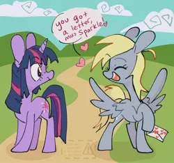 Size: 2675x2500 | Tagged: safe, artist:ripteeth, ponerpics import, derpy hooves, twilight sparkle, pegasus, pony, unicorn, blonde mane, bunny ears, cloud, cutie mark, gray coat, heart, hill, image, jpeg, letter, looking at each other, looking back, open mouth, path, purple coat, purple eyes, purple mane, shadow, speech bubble, tail
