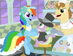 Size: 3300x2550 | Tagged: safe, artist:jac59col, derpibooru import, donut joe, rainbow dash, spike, dragon, pegasus, pony, unicorn, a canterlot wedding, g4, bakery, chatting, clothes, donut, dress, female, food, horn, image, male, mare, my little pony, night, png, stallion, tuxedo