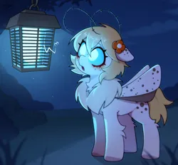 Size: 2960x2752 | Tagged: safe, artist:kitindash, derpibooru import, oc, oc:dusty dots, unofficial characters only, insect, moth, mothpony, original species, pony, antennae, behaving like a moth, big eyes, bug zapper, bush, butt freckles, chest fluff, ear freckles, female, flower, flower in hair, fluffy, freckles, glow, glowing eyes, grass, image, insect wings, lamp, leg fluff, moth wings, night, open mouth, outdoors, png, solo, standing, wing freckles, wings