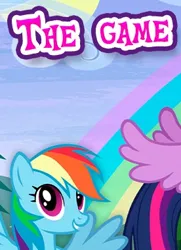 Size: 276x382 | Tagged: safe, derpibooru import, rainbow dash, twilight sparkle, twilight sparkle (alicorn), alicorn, pegasus, pony, g4, cropped, english, female, gameloft, image, looking at you, mare, meme, png, smiling, spread wings, text, the game, wings, wow! glimmer