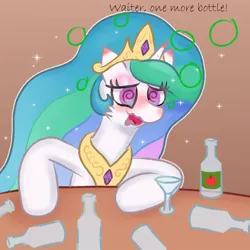 Size: 1026x1026 | Tagged: safe, artist:crispy_kelpy, artist:kelpy, derpibooru import, princess celestia, alicorn, pony, g4, bottle, dialogue, drunk, image, jpeg, open mouth, solo, swirly eyes