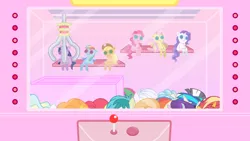 Size: 1920x1080 | Tagged: safe, artist:cocoaclouds, derpibooru import, applejack, blossomforth, cozy glow, double diamond, fluttershy, junebug, pear butter, pinkie pie, rainbow dash, rarity, sandbar, starlight glimmer, strawberry sunrise, sunset shimmer, twilight sparkle, twilight sparkle (alicorn), vapor trail, vinyl scratch, zecora, alicorn, earth pony, pegasus, pony, unicorn, zebra, g4, animated, animated png, button, claw machine, controller, crane game, glass, horn, image, joystick, lights, looking at you, plushie, png, pony plushie, raised hoof, scrunchy face, show accurate, simple background, smiling, smiling at you, white background