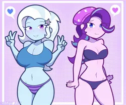 Size: 2048x1714 | Tagged: suggestive, artist:trash art, derpibooru import, starlight glimmer, trixie, human, equestria girls, g4, 2d, bare shoulders, beanie, belly, belly button, blush lines, blushing, breasts, busty starlight glimmer, busty trixie, cleavage, clothes, duo, duo female, female, hat, heart, image, jpeg, midriff, panties, peace sign, shirt, sleeveless, striped panties, striped underwear, underwear, word bubble