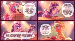 Size: 2284x1264 | Tagged: safe, artist:pixelpub, derpibooru import, applejack, pinkie pie, rarity, twilight sparkle, twilight sparkle (alicorn), alicorn, earth pony, pony, unicorn, g4, applejack's hat, blushing, comic, cowboy hat, creepy, disturbed, female, flustered, game night, hat, horn, image, joy buzzer, lesbian, lights, mare, microphone, open mouth, png, rarijack, ship:twijack, shipping, stage, stalker, trivia trot, uncomfortable
