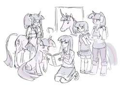 Size: 1000x729 | Tagged: safe, artist:king-kakapo, derpibooru import, twilight sparkle, anthro, centaur, classical unicorn, human, pony, satyr, taur, unicorn, g4, book, centaur twilight, centaurified, clothes, cloven hooves, drawthread, female, group, horn, horned anthro, horned centaur, humanized, image, leonine tail, notepad, png, quintet, raised hoof, reading, requested art, satyrized, sketch, species swap, unicorn twilight, unicornified, unshorn fetlocks