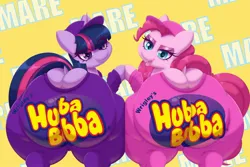 Size: 2048x1365 | Tagged: suggestive, artist:boneappleteeth, derpibooru import, pinkie pie, twilight sparkle, earth pony, pony, unicorn, g4, balloonbutt, butt, butt to butt, butt touch, clothes, duo, duo female, fat, female, hat, horn, hubba bubba, huge butt, image, jpeg, large butt, looking back, mare, obese, raised tail, simple background, tail, the ass was fat, thighs, thunder thighs, tongue out, twibutt, unicorn twilight, wide hips, yellow background
