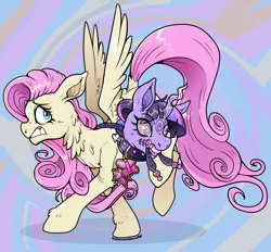 Size: 3168x2944 | Tagged: safe, artist:butterscotchnarwhal, derpibooru import, fluttershy, twilight sparkle, pegasus, pony, unicorn, series:the heartache of chaos, g4, abstract background, alternate universe, disembodied head, duo, duo female, element of kindness, element of magic, eye clipping through hair, eyebrows, eyebrows visible through hair, female, floppy ears, gritted teeth, high res, horn, image, infection au, mare, mismatched eyes, neck fluff, open mouth, png, recursive fanart, running, spread wings, swirly eyes, teeth, unicorn twilight, wings