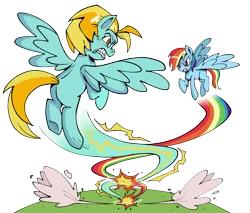 Size: 2451x2088 | Tagged: safe, artist:goopyvvn, derpibooru import, lightning dust, rainbow dash, g4, clash, electricity, image, lightning, png, rainbow, simple background, transparent background